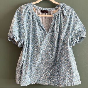 Lane Bryant Blue Ditsy Floral Puff-Sleeve Cottagecore Cotton Peasant Blouse 14